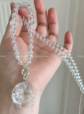 天然白水晶狐狸吊坠九尾狐狐牌项链圆牌情侣狐锁骨链全珠链礼物女