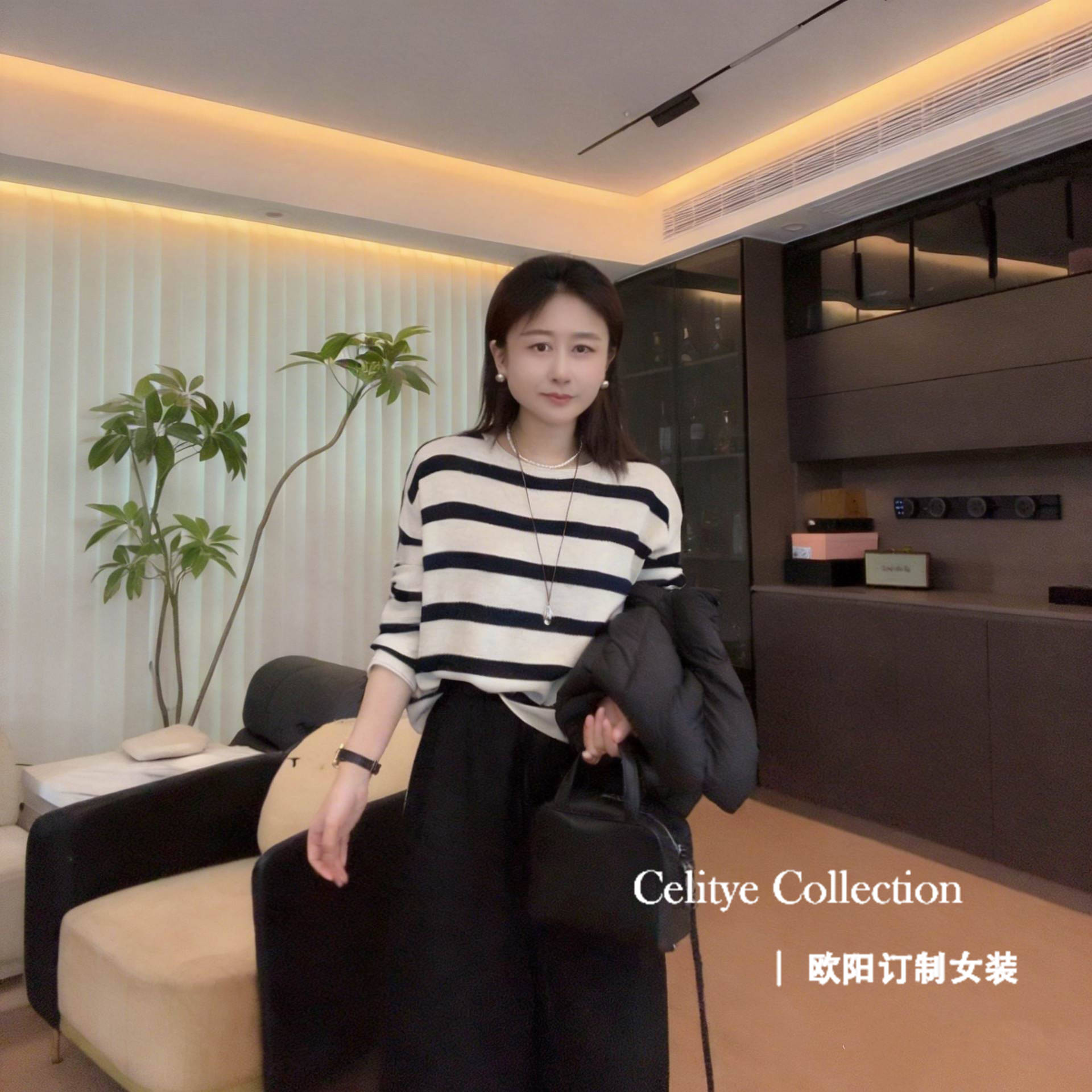 欧阳自制【撞色条纹】韩版圆领百毛针织衫
