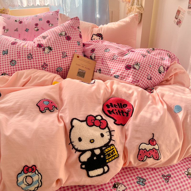 全棉KT三丽鸥卡通毛巾绣四件套儿童三件套床单人被套纯棉床笠被罩