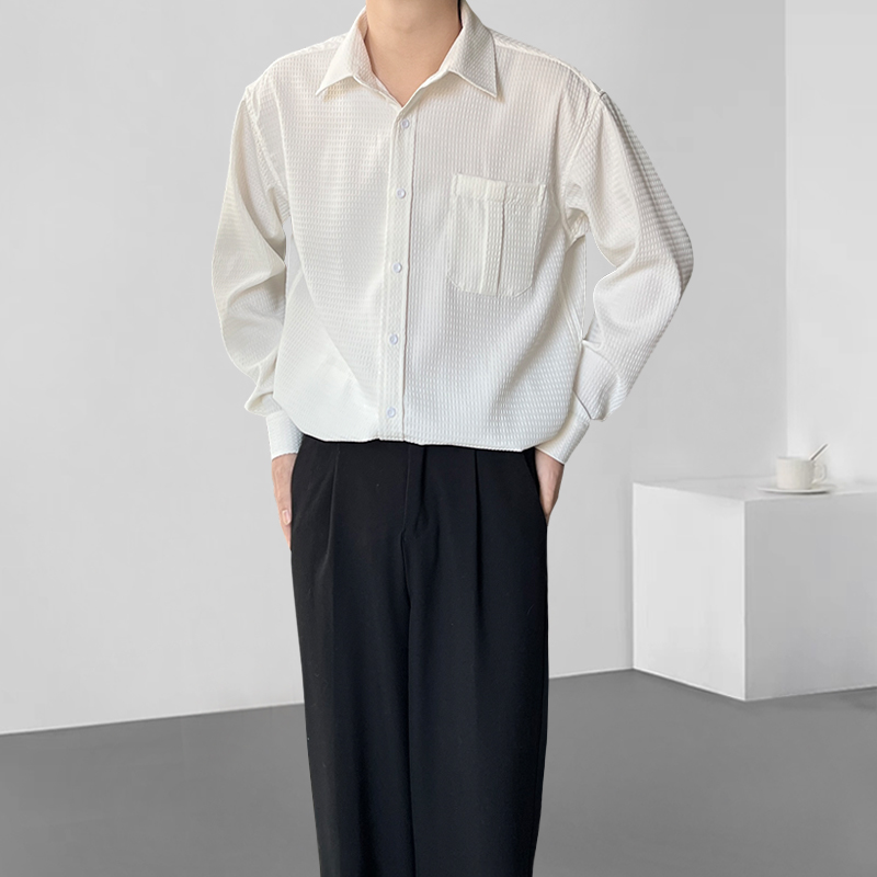 宽松华夫格免烫抗皱白色衬衫长袖