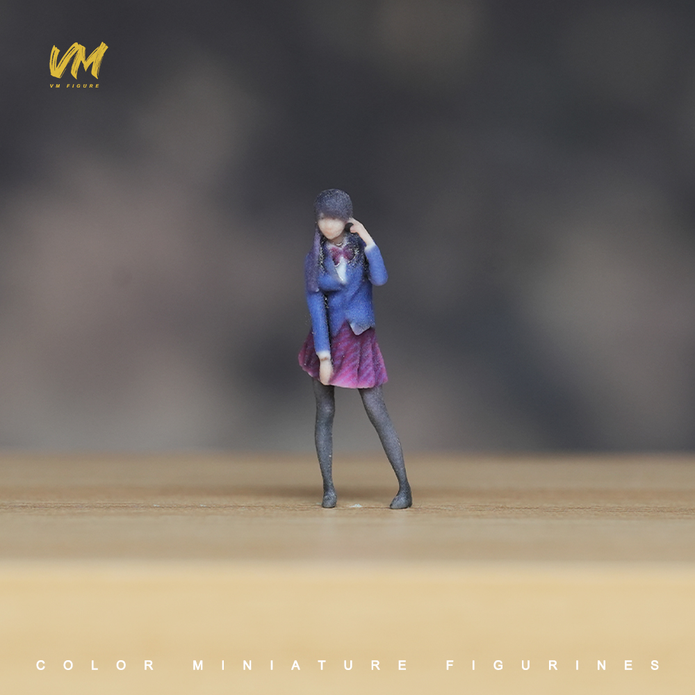 现货 1/64 羞涩的黑丝女学生微缩场景模型搭配3D彩色打印摆件人偶