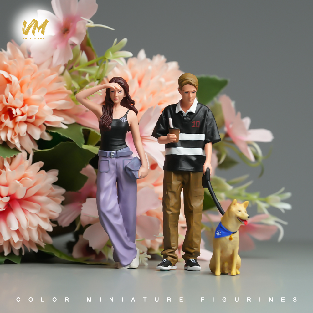 现货1/24/18 遛狗男孩和拿包女孩微缩场景模型搭配手工涂装小人偶