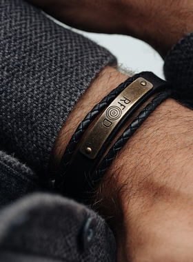 英国AVI8复古黄铜真皮手绳黑色