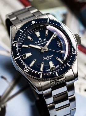 现货瑞士EDOX依度SkyDiver伞兵悍将38mm自动机械手表钢带夜光防水