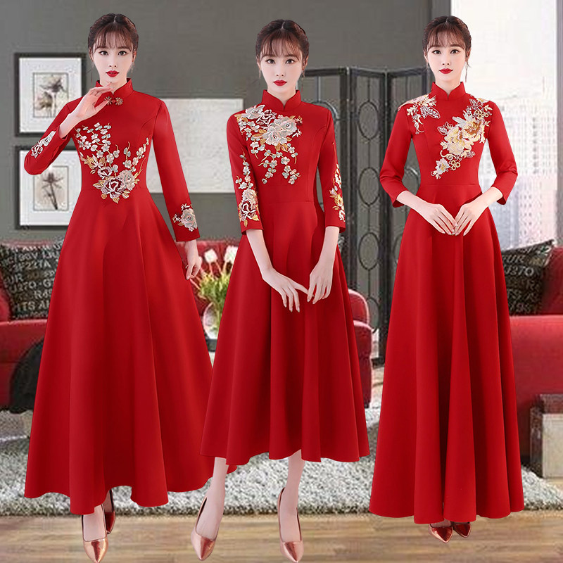 新款长袖学生合唱礼仪演出服迎宾小姐颁奖旗袍合唱表演中国风礼服