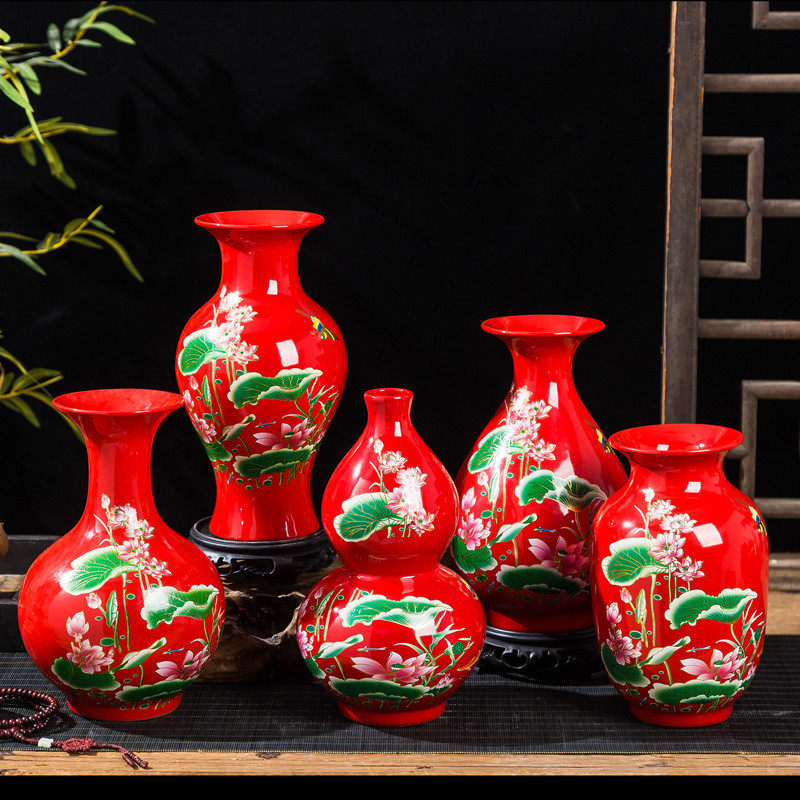 现代中式景德镇陶瓷中国红荷花瓶客厅博古架装饰插花桌面新房摆件