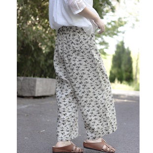 有间2025新款亚麻雨露麻印花布文艺休闲九分阔腿裤显瘦夏季裤子