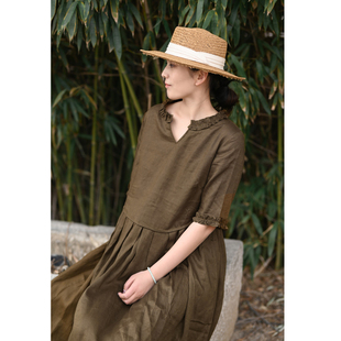 有间出品咖啡色连衣裙长款夏复古文艺色织亚麻木耳边中袖V领长裙