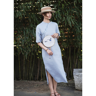 中国风复古文艺斜襟苎麻简约大气改良旗袍淡蓝色显瘦气质女连衣裙