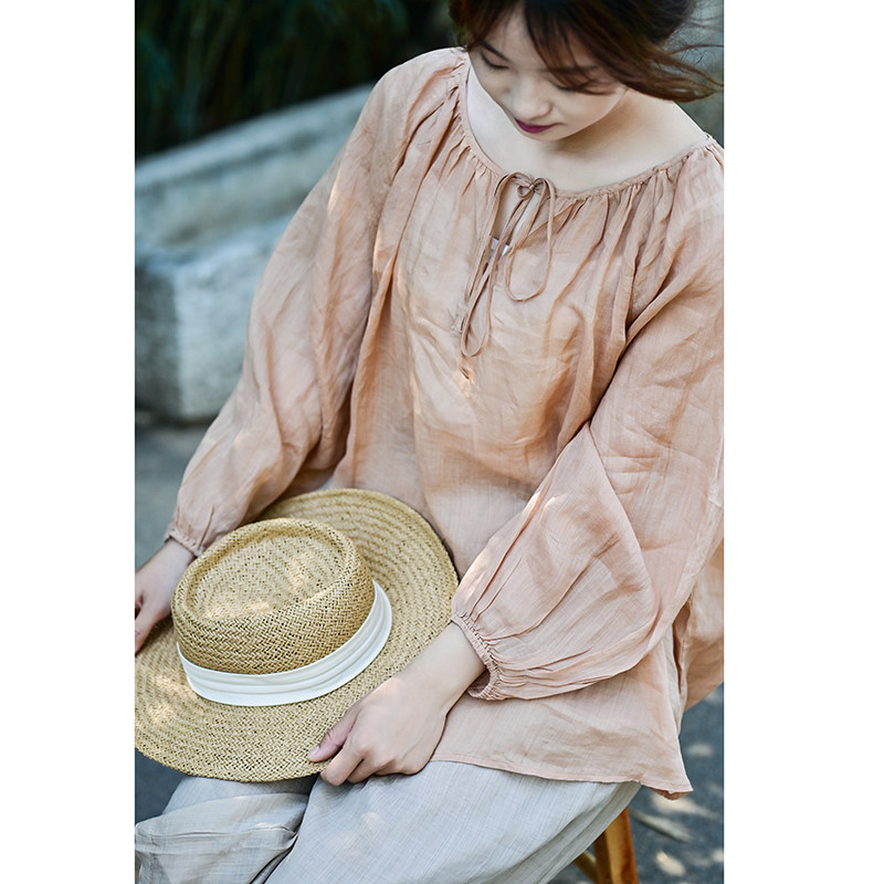 物洗文艺简约圆领套头衫夏季清凉宽松苎麻衬衫百搭防晒衫上衣慵懒