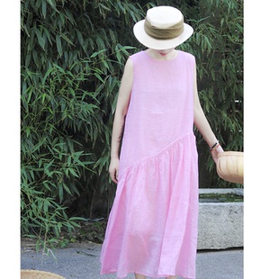 有间宽松复古苎麻天丝混色连衣裙温柔显瘦长裙胭脂粉无袖背心裙