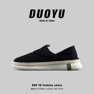 懒人一脚蹬开车布鞋 网面平底百搭板鞋 男 休闲亚麻布渔夫鞋 外贸男士