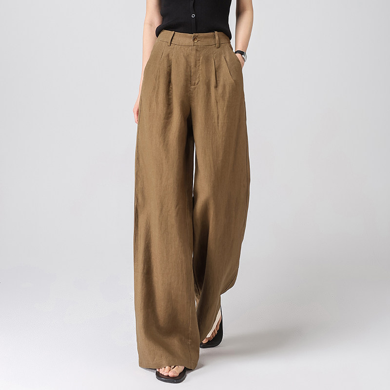 2025夏季新款100%亚麻阔腿裤女高腰休闲直筒裤显瘦咖色薄款长裤子