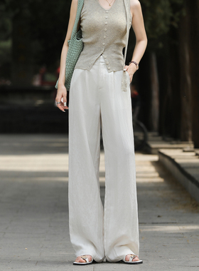 白色天丝亚麻裤女2026夏季薄款冰丝莱赛尔直筒阔腿裤垂感休闲长裤