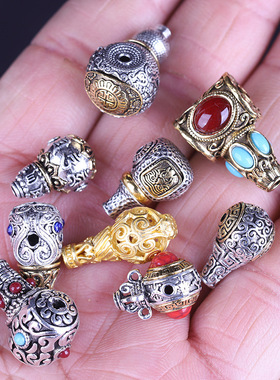 藏银三通合金古银镶嵌六字真言一体三通文玩串珠配饰配件金刚星月