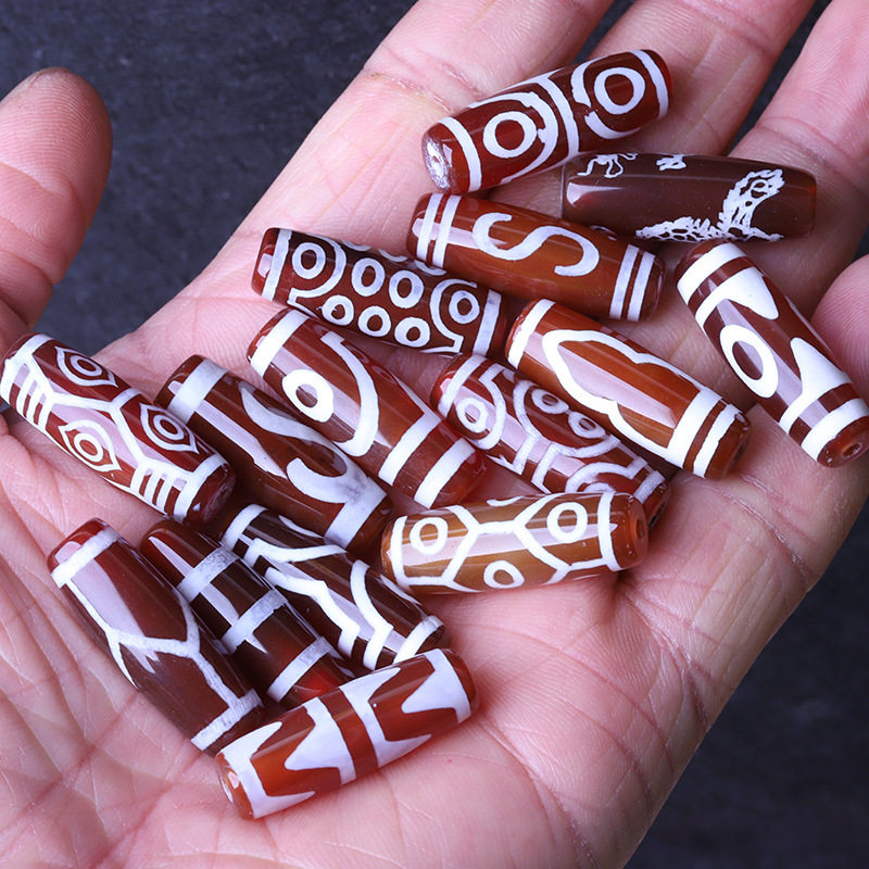 藏传长寿天珠玛瑙珠配饰 西亚高古镶蚀红玉髓线珠板珠系蚀花珠