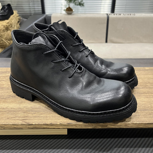 无痕 洗水哑光马皮沿条皮底男士系带高帮皮鞋 男微翘头手工马丁靴