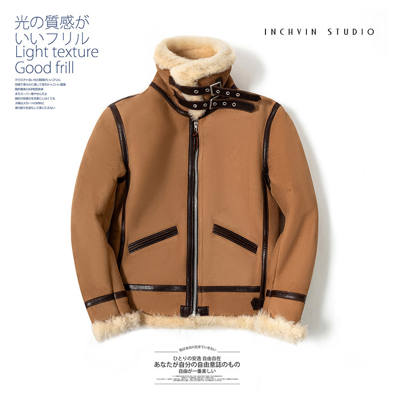 北欧风手工羊皮毛一体磨砂棕羊毛领男士外套皮夹克男休闲皮草皮衣