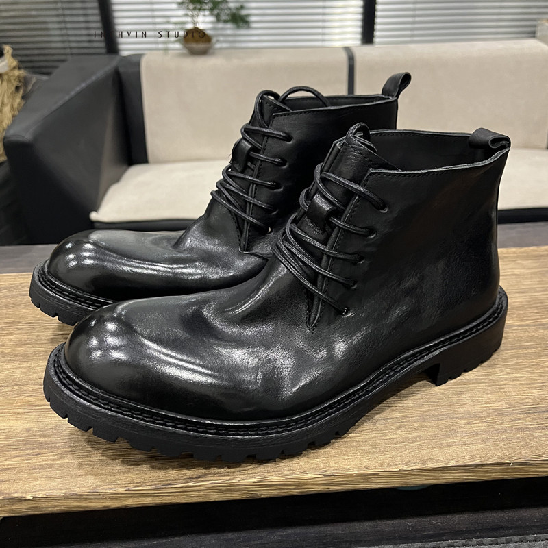 无痕设计植鞣马皮沿条皮底男士系带高帮皮鞋男微翘头手工马丁靴