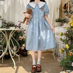连衣裙少女夏装2025新款初中高中学生泡泡袖日系甜美娃娃领长裙子