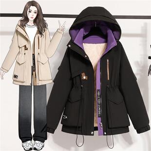 派克服棉衣女士冬季新款加绒加厚中长款棉服拼色洋气大码胖mm外套