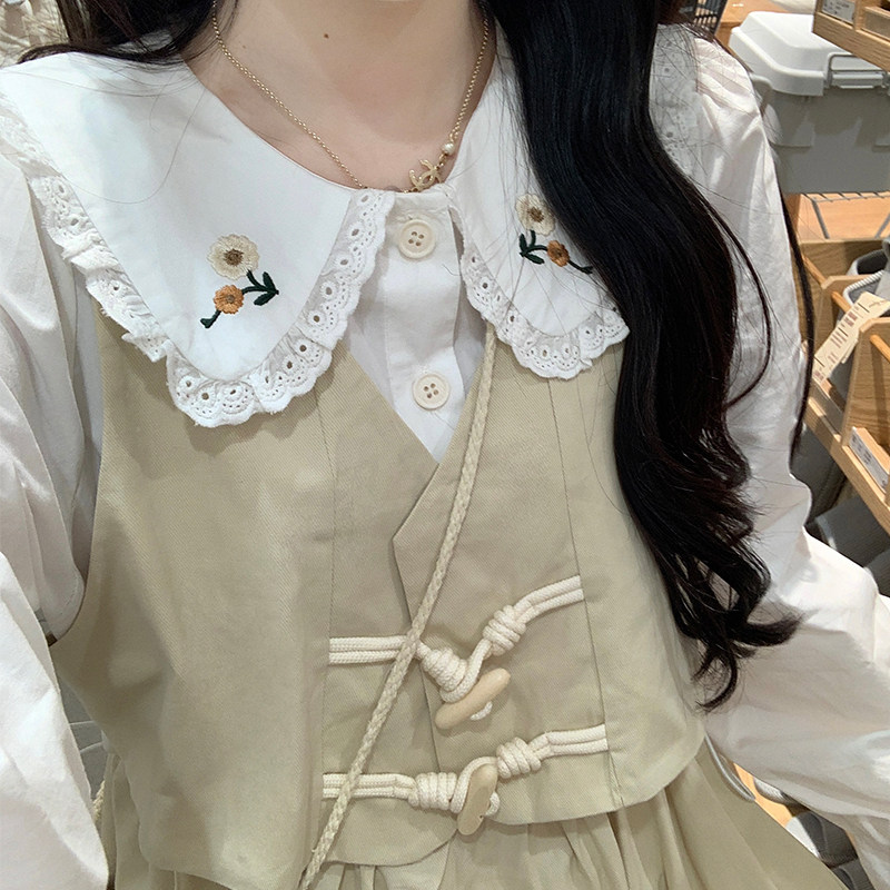 初中生可爱娃娃领中长裙秋2025新款少女高中学生甜美假两件连衣裙