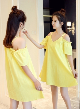 2025夏季新款韩国宽松显瘦露肩连衣裙女甜美气质黄色打底娃娃裙潮