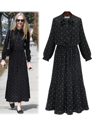 2025新款秋冬季波点黑色打底连衣裙女装加厚长袖长裙秋装长款裙子