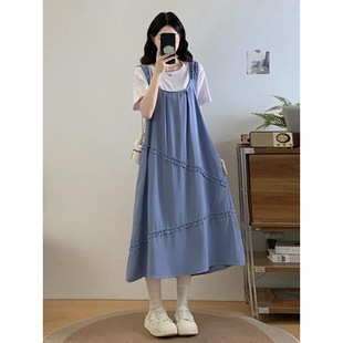 大码减龄休闲套装夏季短袖上衣胖mm遮肚显瘦宽松背带连衣裙两件套