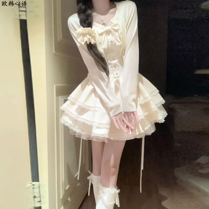 法式甜美独特超好看开衫外套蓬蓬蛋糕连衣裙两件套小个子入春穿搭