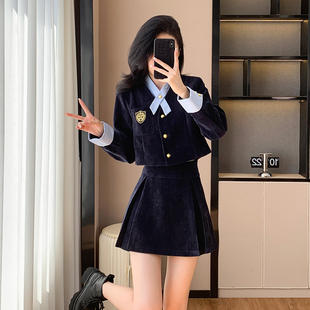 小个子学院风套装女秋冬新款高级感气质灯芯绒百褶裙JK制服两件套