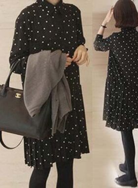 17299春夏装新款韩版宽松波点长袖雪纺连衣裙女 打底中长款秋裙子