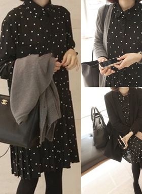 17299现货2025秋新款长袖雪纺连衣裙波点女夏大码秋冬百褶打底裙