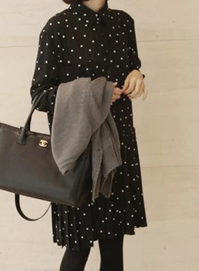 17299现货#春夏季中长款韩版大码修身雪纺波点百褶长袖连衣裙子