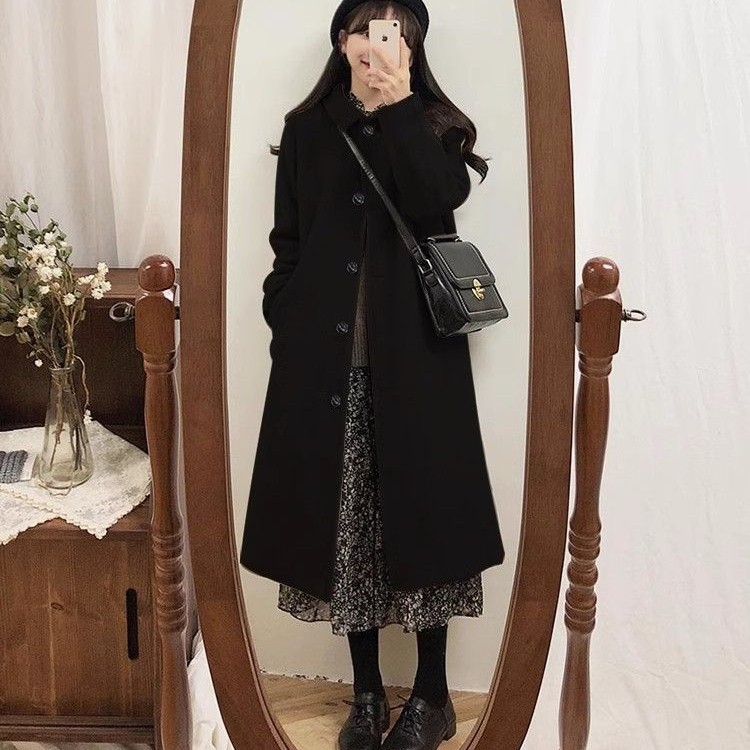 依之萌-2025新款秋冬呢子大衣女赫本风秋冬小个子韩系感加厚黑色