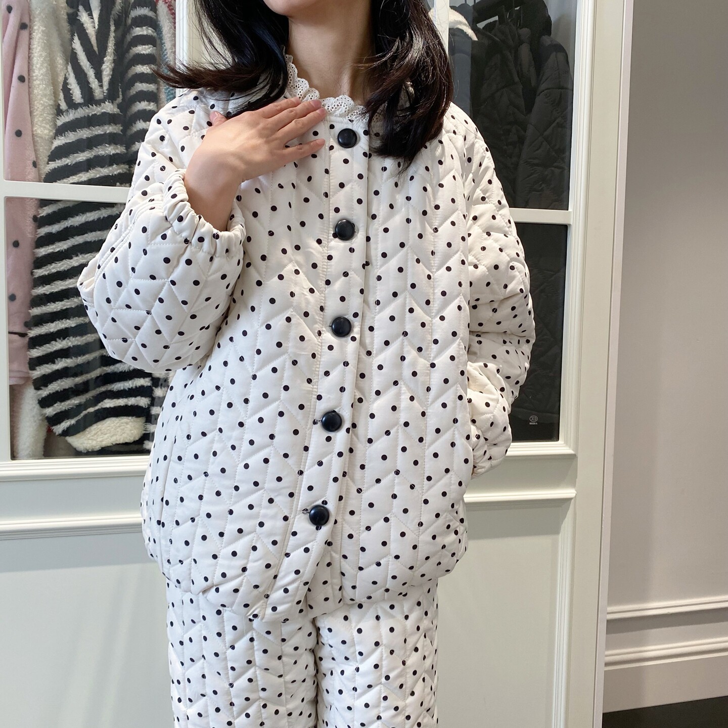 波点三层夹棉睡衣套女冬加厚保暖蕾丝领甜美家居服轻薄羽绒服面料,女士内衣/男士内衣/家居服,睡衣/家居服套装,淘宝优惠券,粉丝福利购,淘宝优惠卷