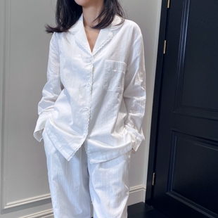 镂空花边衬衫 亲肤条纹提花家居服 领 春季 简约白色棉质睡衣女套装