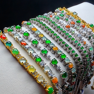 阳绿A货天然翡翠手链女款s925银豪镶满圈蛋面手链高种色生日礼物