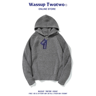 宽松休闲百搭打底针织衫 WASSUP 潮流简约连帽毛衣男款 TWO美式 TWO