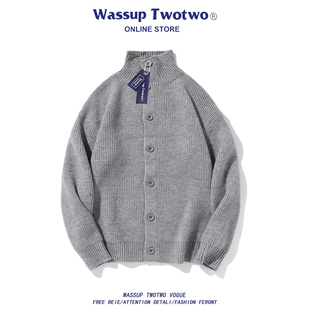 春秋高街针织衫 WASSUP 毛衣男款 TWO港风纯色立领开衫 上衣外套 TWO