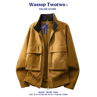 WASSUP TWO TWO美式加绒夹克男款秋冬季新款加厚宽松情侣皮衣外套