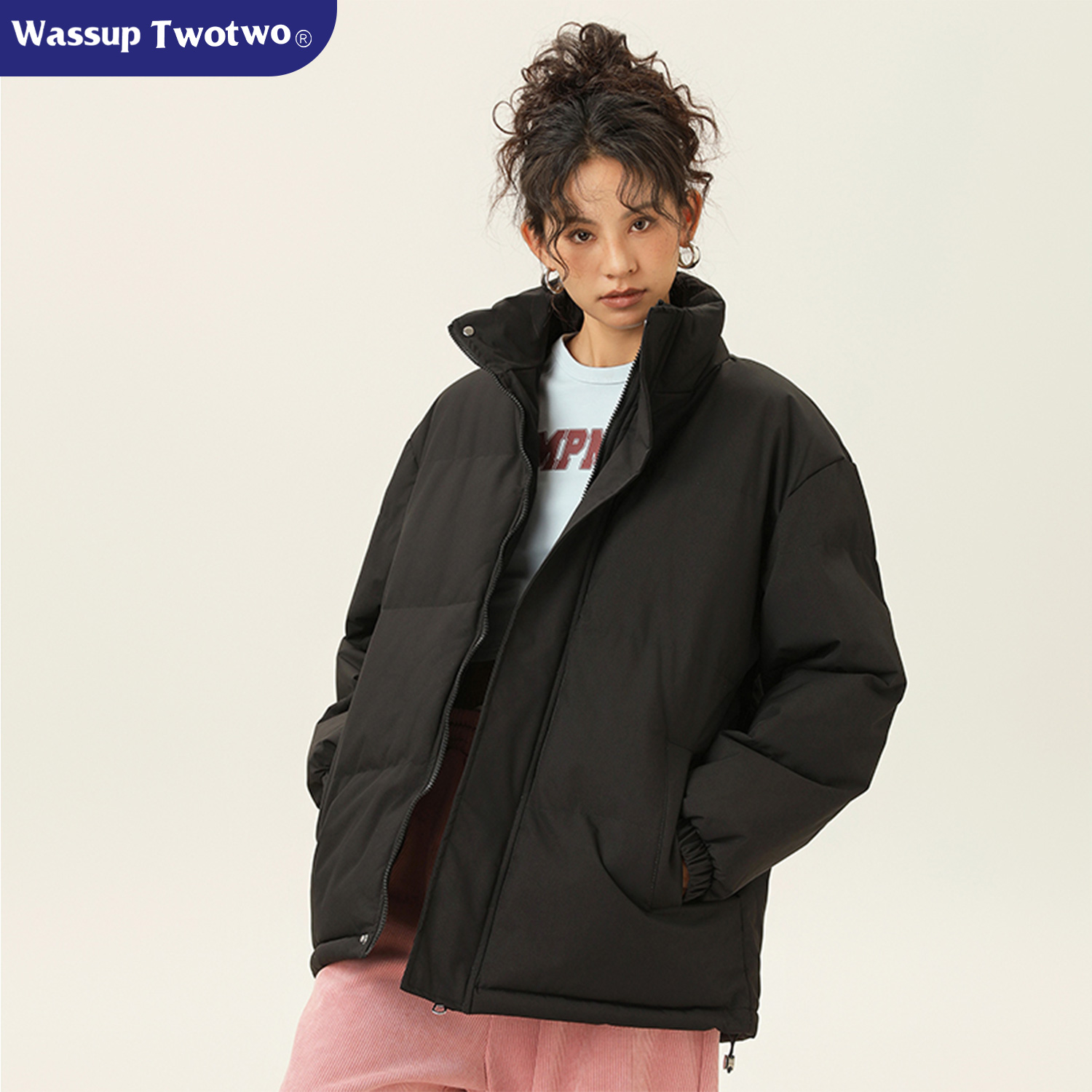 WASSUP TWO TWO短款棉服男女冬季加厚外套日系宽松立领棉衣面包服