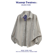 TWO 男士 TWO翻领长袖 WASSUP 条纹时尚 简约休闲宽松衬衫 衬衣打底衫