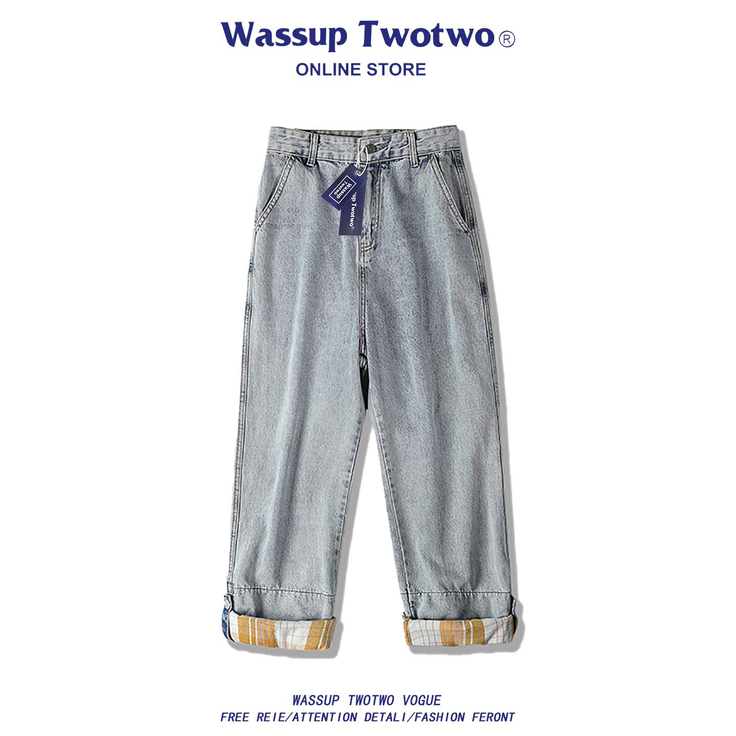 WASSUP TWO TWO复古牛仔裤男秋季潮牌街头休闲裤子宽松直筒九分裤