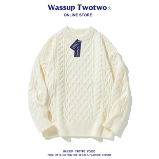 加厚长袖 WASSUP 宽松情侣打底衫 TWO圆领针织麻花毛衣男秋冬季 TWO