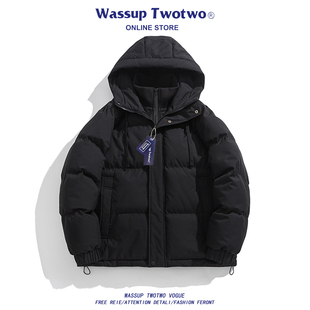 潮牌假两件拼接连帽棉服复古情侣加厚保暖棉衣 TWO冬季 WASSUP TWO