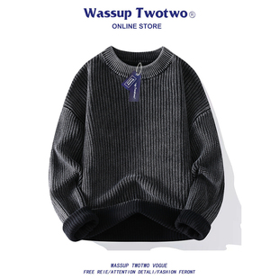 秋冬季 TWO美式 新款 纯棉时尚 休闲毛衣男 WASSUP 保暖圆领针织衫 TWO