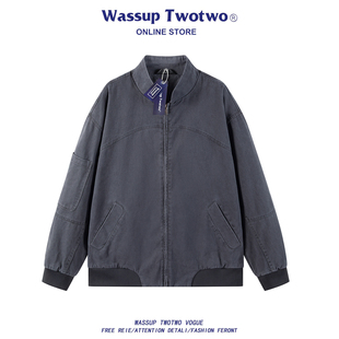 立领夹克男春秋2025美式 TWO工装 复古棒球服飞行员外套 TWO WASSUP