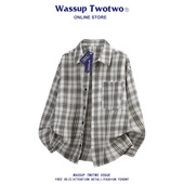 外套男生春秋季 WASSUP 休闲衬衣外套 复古格子长袖 衬衫 TWO TWO美式