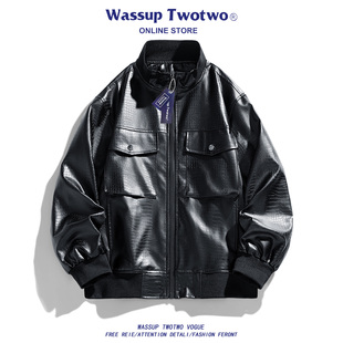胸前涂层罗纹立领宽松外套男 TWO斜插袋皮夹克复古美式 WASSUP TWO